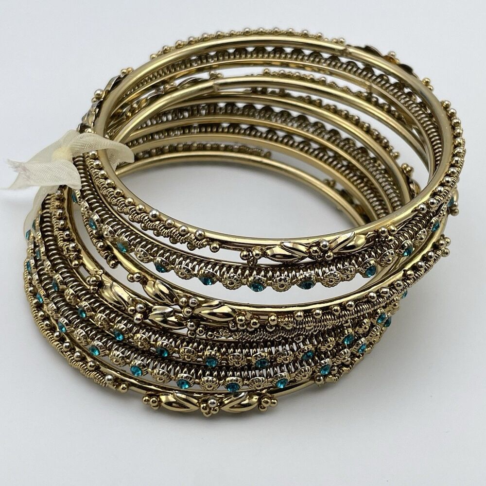 Stunning Gold Tone Blue Rhinestone 7 Piece Metal Bangle Bracelet Set New 7.5"